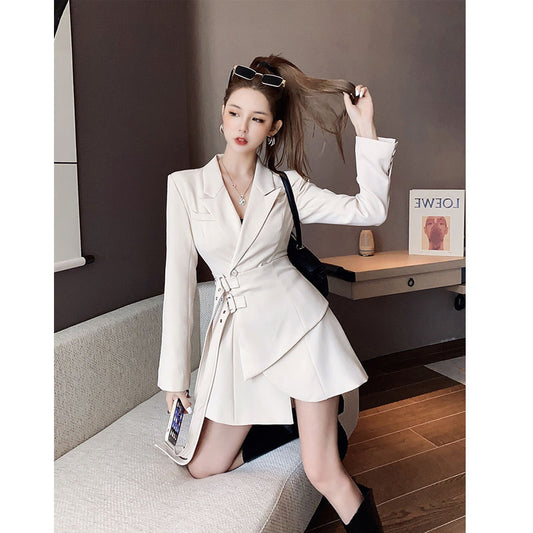 Blazer Dress Women Mini Dress Female One-piece Dress Sashes Long Sleeve