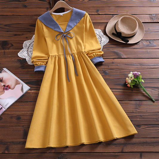 Dress  Navy Collar Loose Long Sleeve Dress Women