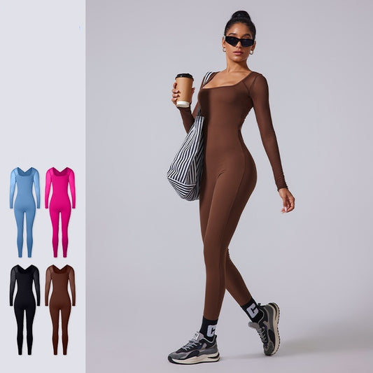Back Pleated Hollow Sexy Mesh Long Sleeve Jumpsuit