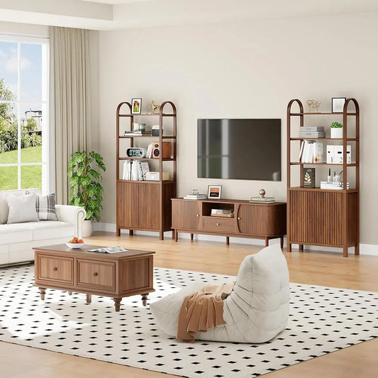 71” Tall Arched Bookshelf Storage With Fluted Doors, Mid Modern 6 Tier Bookshelves, Freestanding Bookcase Cabinet With Open