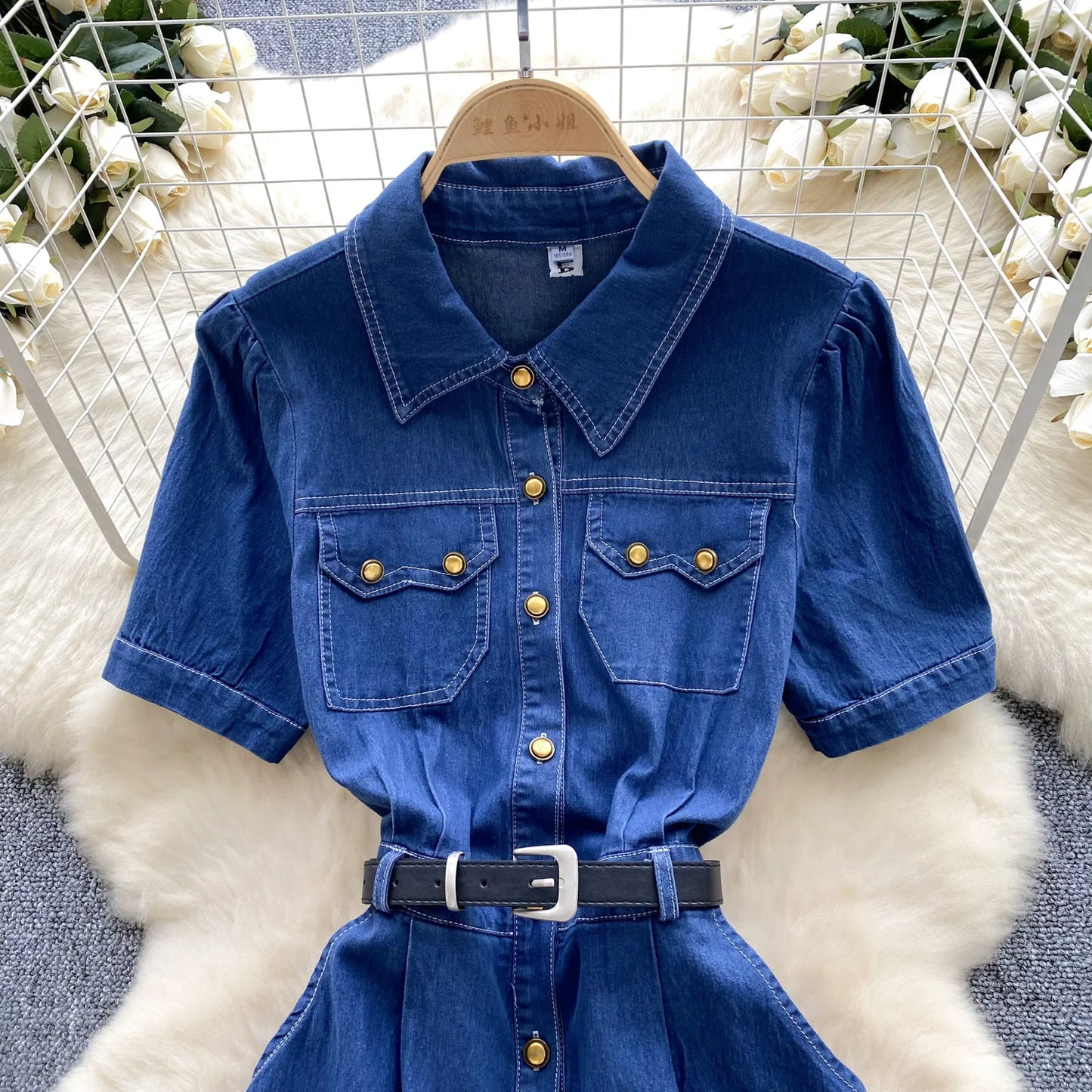 A New Summer Fashion Denim Dress.retro Polo Neck Short-sleeved Metal Single-breasted Belt Cinched Waist Denim Dress for Women