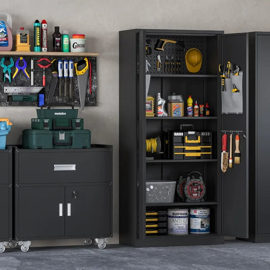 Big Metal Garage Storage Cabinet with Locking Doors, Lockable Heavy Duty Metal Tool Cabinet with Pegboard, Metal Utility Cabinet