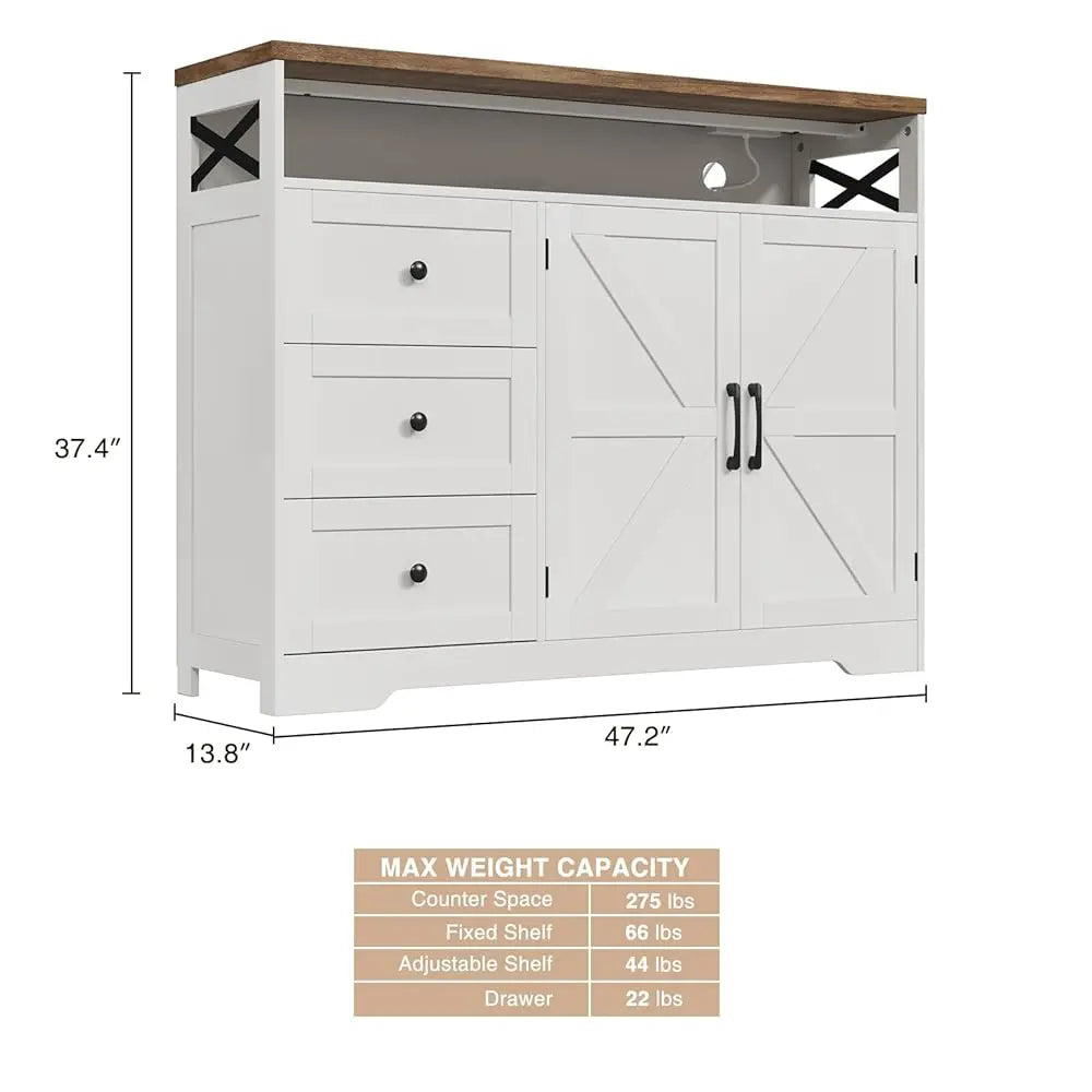 47"" Antique White Storage Cabinet With Doors And Drawers, Farmhouse Sideboard Buffet Cabinet With Storage, Kitchen Pantry