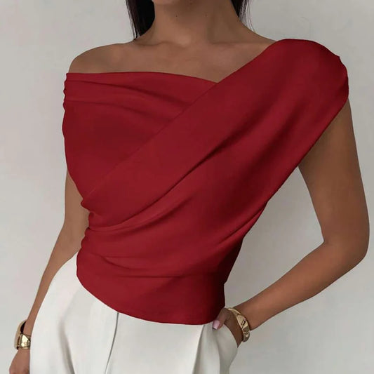 Fashion Asymmetric Slash Collar Short Tops Casual Sleeveless Pleated Commute Shirts Elegant Solid Color Slim Simple Women's Tops