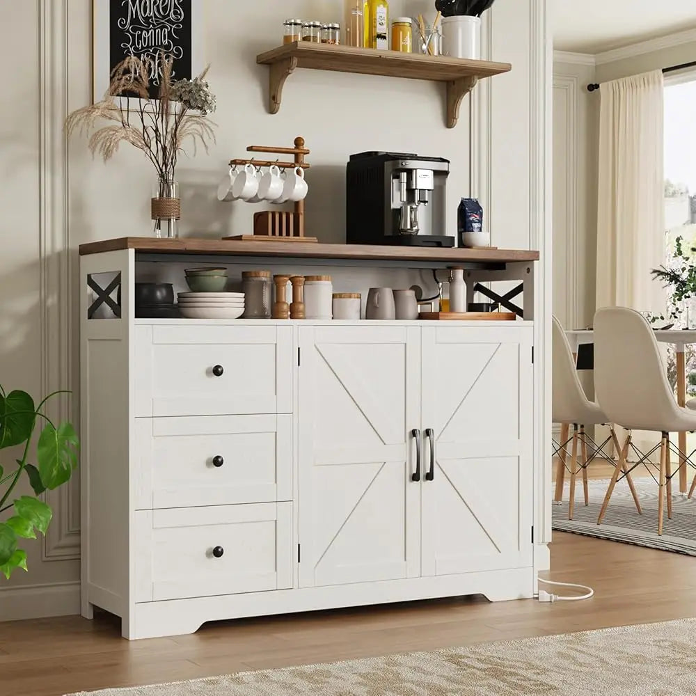47"" Antique White Storage Cabinet With Doors And Drawers, Farmhouse Sideboard Buffet Cabinet With Storage, Kitchen Pantry