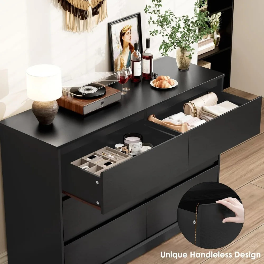 6 Drawer Double Dresser, Black Dresser, Modern 6 Chest of Drawers with Deep Drawers, Wide Storage Organizer Cabinet