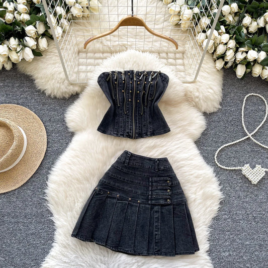 American Spice Girl Denim Suit, Women's Heavy Industrial Rivets Zipper Sleeveless Strapless Top,High-waisted Pleated Denim Skirt