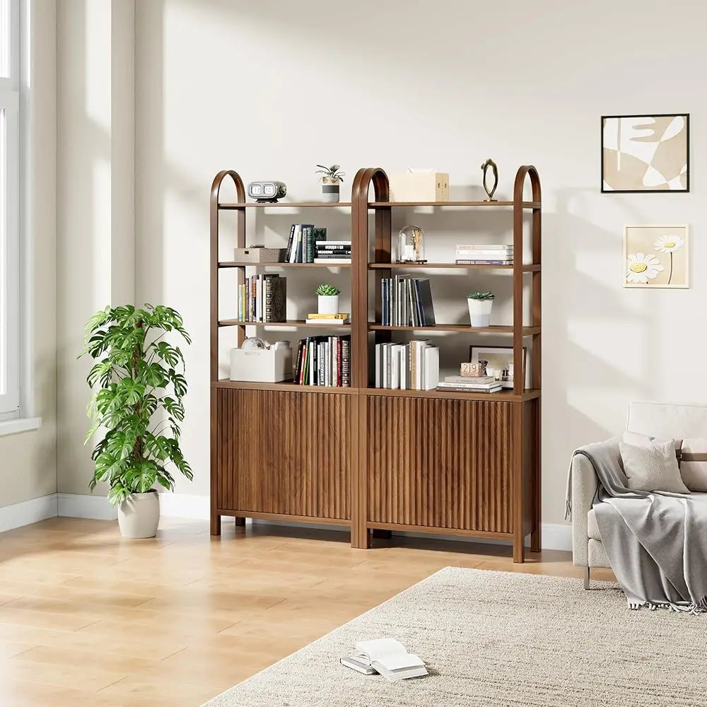 71” Tall Arched Bookshelf Storage With Fluted Doors, Mid Modern 6 Tier Bookshelves, Freestanding Bookcase Cabinet With Open
