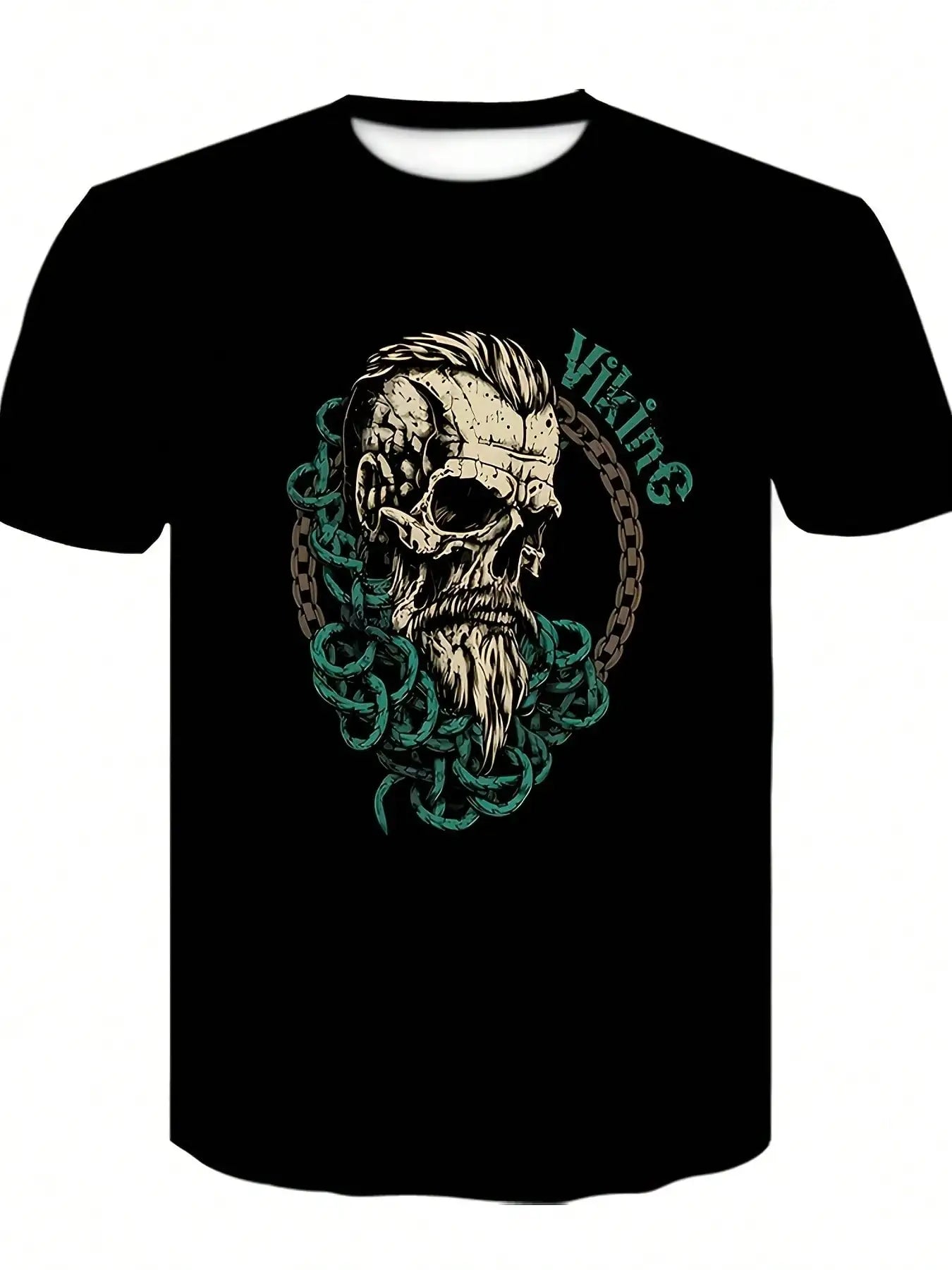 1pc Viking Skull Print T-Shirt for Men, Casual Crew Neck, 100% Polyester Knit Fabric, Reguler Print Design, S