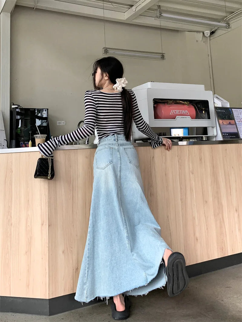 2025 Trend Women's Y2K Jeans Skirt - Light Blue High Waist Denim Maxi Skirt Retro Coquette Street Style 2641