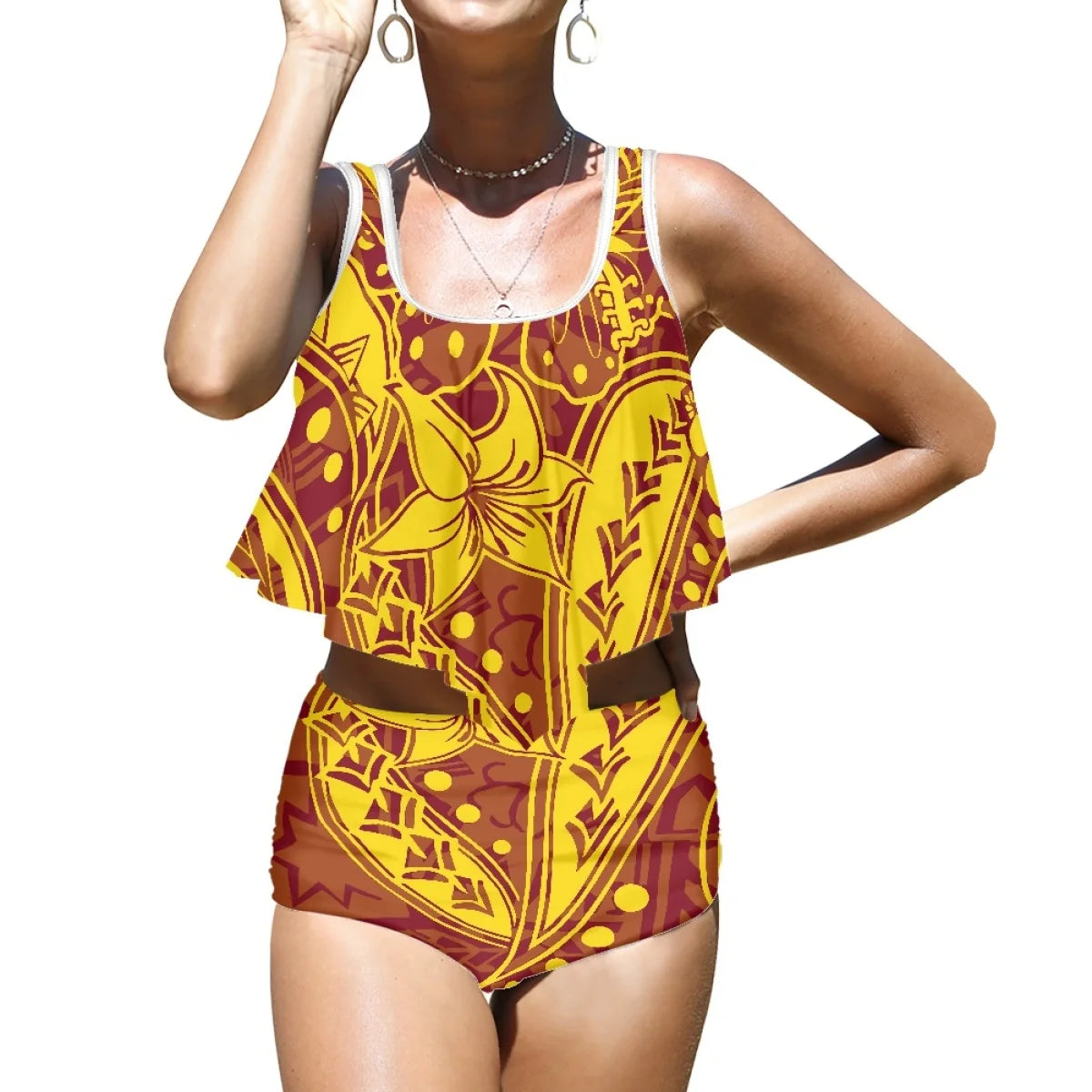 2025 High Quality Hot Style Polynesian beach Plumeria Printed Split Bikini Beach Vacation Swimsuit Printing on Demand