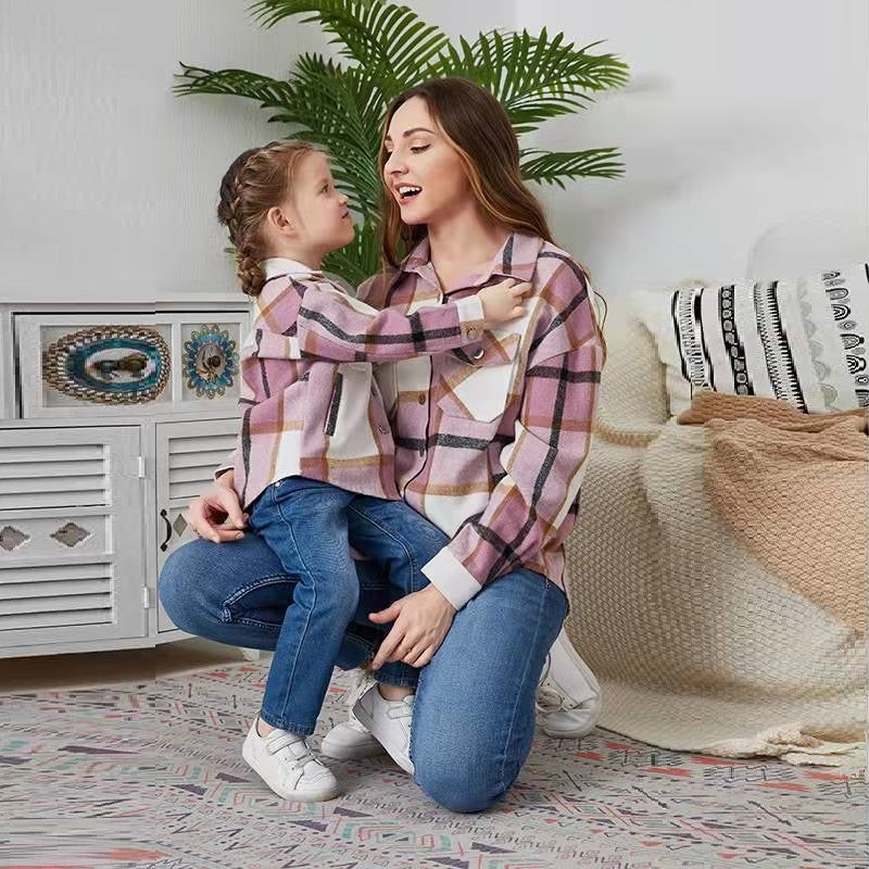Casual Flannel Parent-Child Check Lapel Jacket