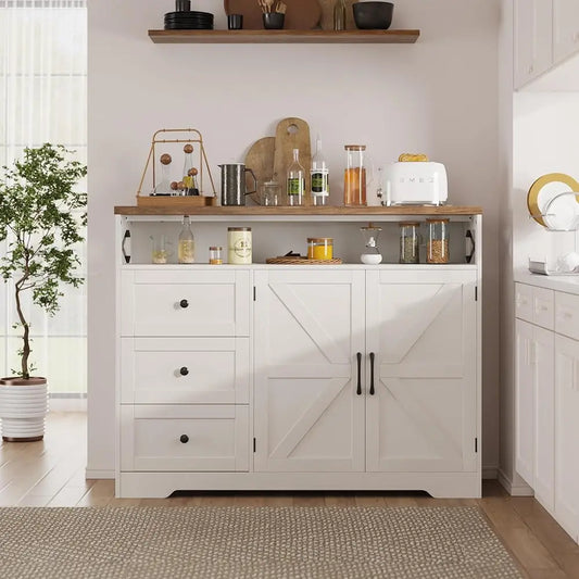 47"" Antique White Storage Cabinet With Doors And Drawers, Farmhouse Sideboard Buffet Cabinet With Storage, Kitchen Pantry