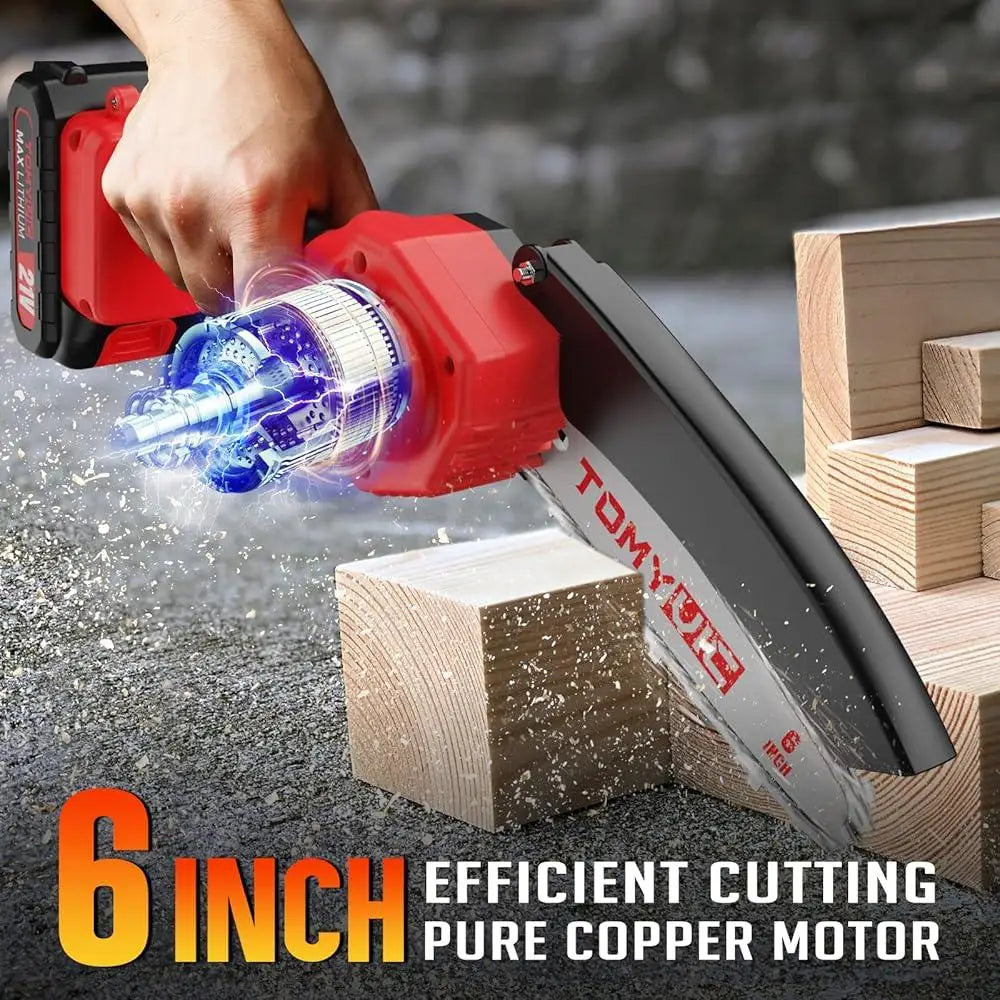 Cordless Mini Chainsaw 6 Inch Battery Powered Handheld Chainsaw Tree Trimming Branch Cutting with Dual Batteries and Accessories