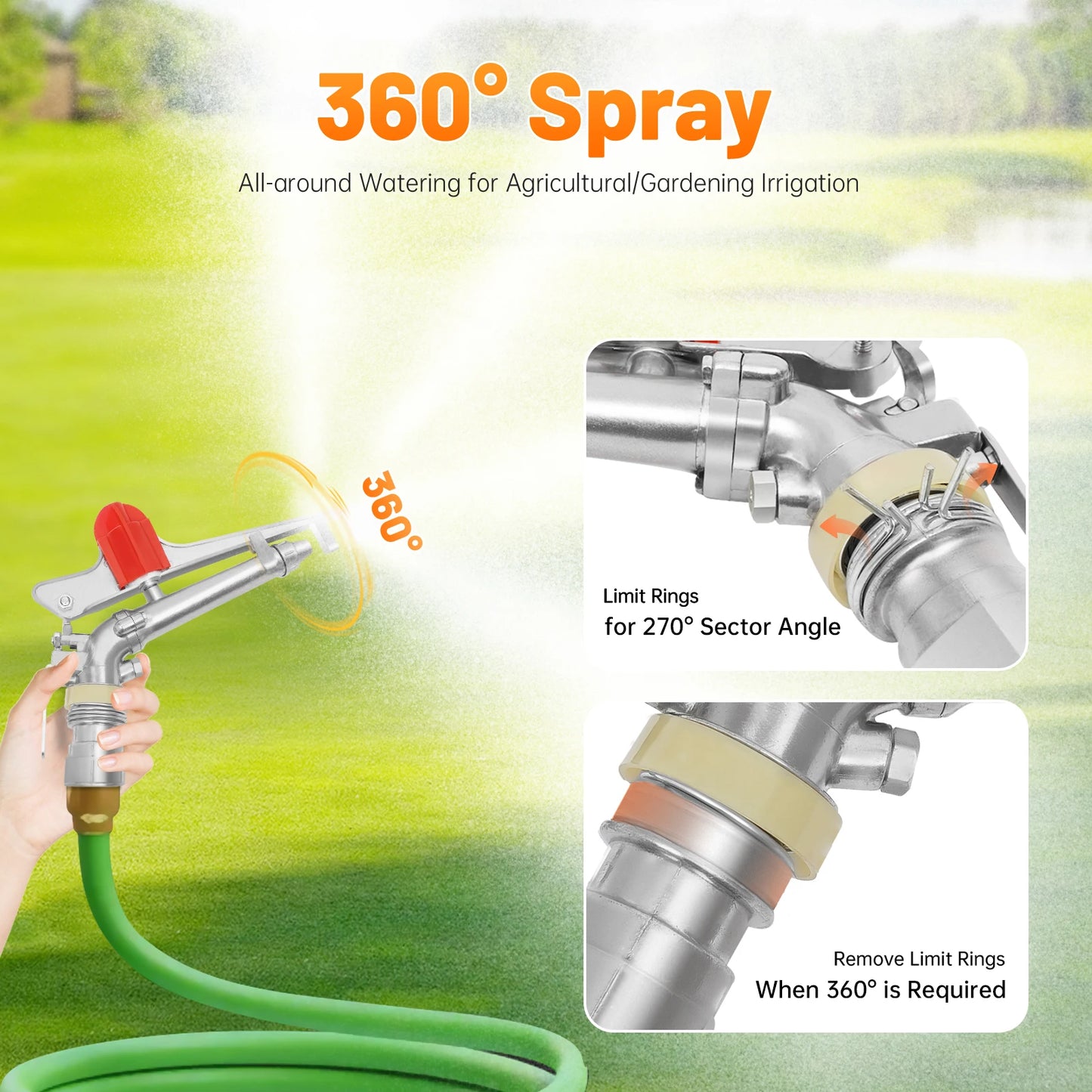 Durable Tripod Sprinkler, 360° Rotation, Adjustable Speed, Dual Nozzles, High Pressure, Efficient for Irrigation