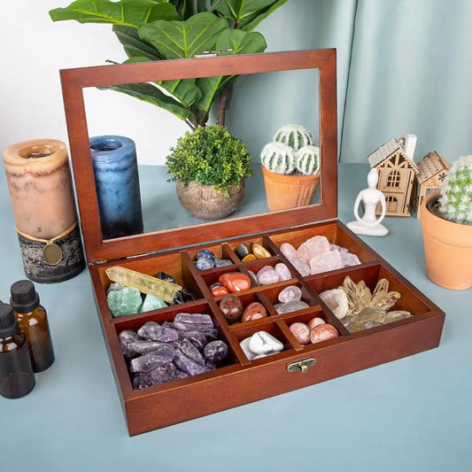 Adjustable Ro Display Case, Crystal Collection Box With Shelves, Wood Witchy Stones Organizer Storage,Gem Holder With Lid For