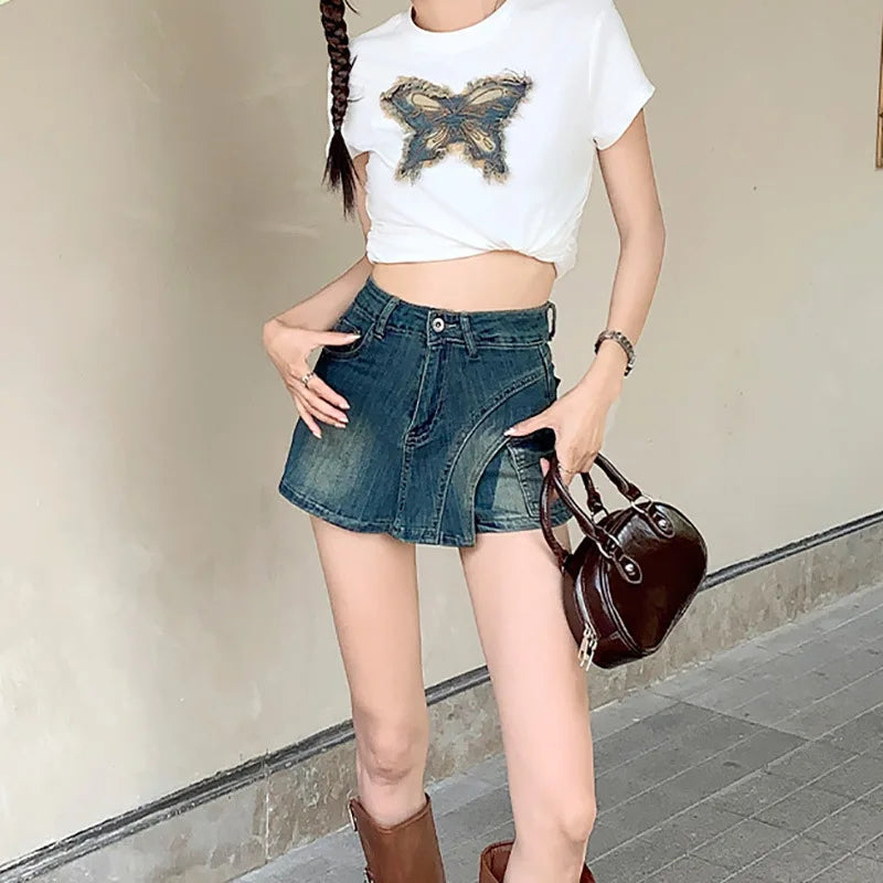 Denim Skirts Women Washed Skirt Shorts Spliced High Waist Zipper Fly Wrap Buttocks Distressed Patchwork Above Mini Basics