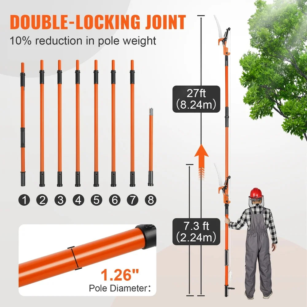 Extendable Manual Pole Saw 7.3-27ft Fiberglass Tree Pruner Sharp Blade Double Lock Joint Easy Use High Low Branch Cutting