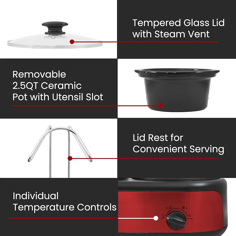 Ewmst-325R Maxi-Matic Triple Slow Cooker Buffet Server Adjustable Temp Dishwasher-Safe Oval Ceramic Pots, Lid Rests, 3 X 2.5 Qt
