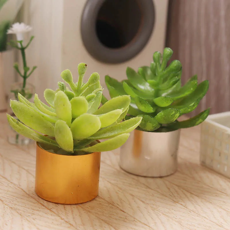 1pcs Mini Plant Gold Silver Flowerpot Miniature Simulation Succulent Plants Toy Play Dollhouse Room Garden Art Accessories