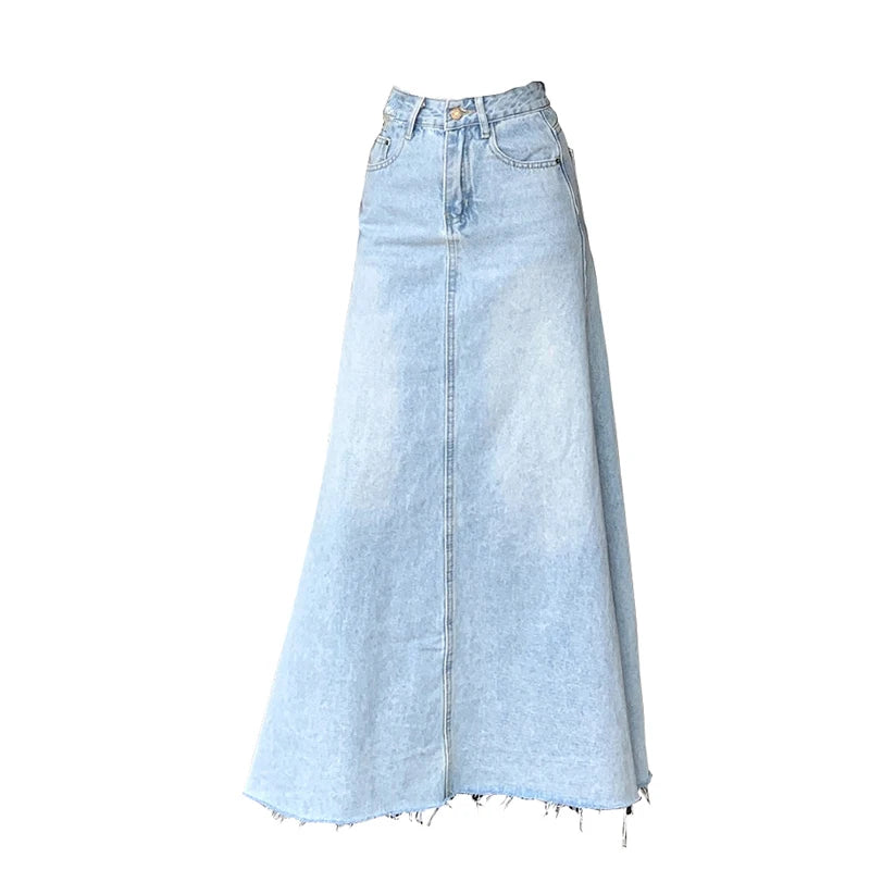 2025 Trend Women's Y2K Jeans Skirt - Light Blue High Waist Denim Maxi Skirt Retro Coquette Street Style 2641
