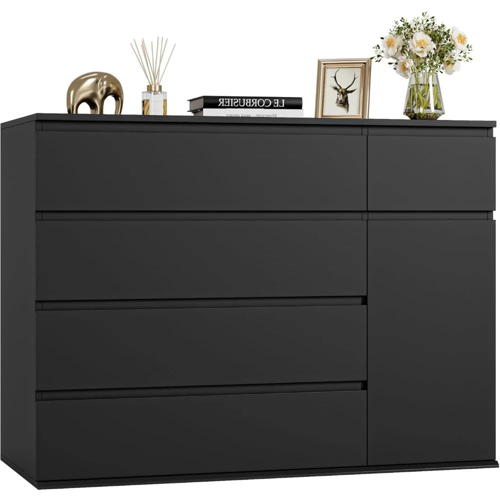 5 Drawer Dresser, Black Dresser for TV Stand, Double Wide Storage Chests of Drawer with Door, Deep Drawers and Wide Storage