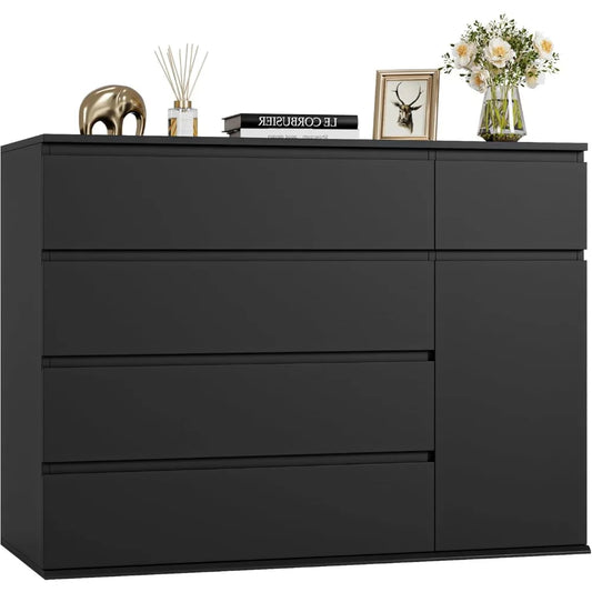 5 Drawer Dresser, Black Dresser for TV Stand, Double Wide Storage Chests of Drawer with Door, Deep Drawers and Wide Storage