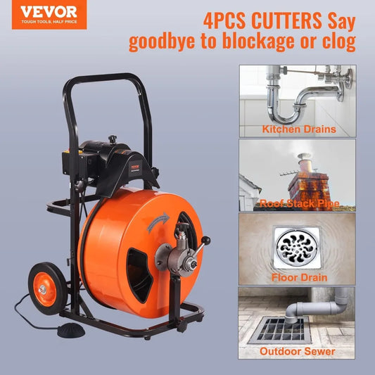 Drain Cleaning Machine 100FT x 3/4 Inch, Sewer Snake Machine Auto Feed, Drain Auger Cleaner with 4 Cutter & Air-Activated
