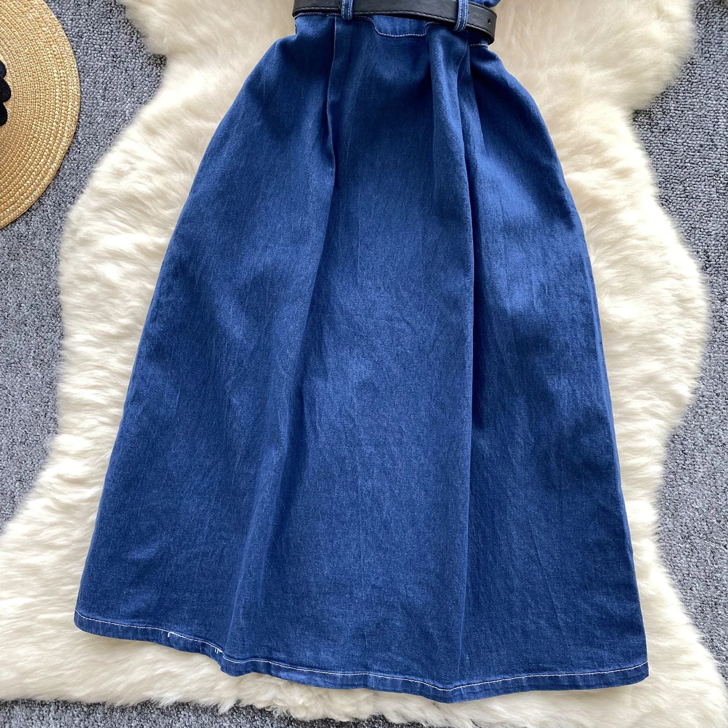 A New Summer Fashion Denim Dress.retro Polo Neck Short-sleeved Metal Single-breasted Belt Cinched Waist Denim Dress for Women