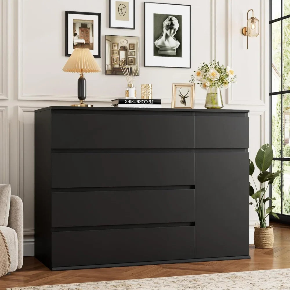 5 Drawer Dresser, Black Dresser for TV Stand, Double Wide Storage Chests of Drawer with Door, Deep Drawers and Wide Storage