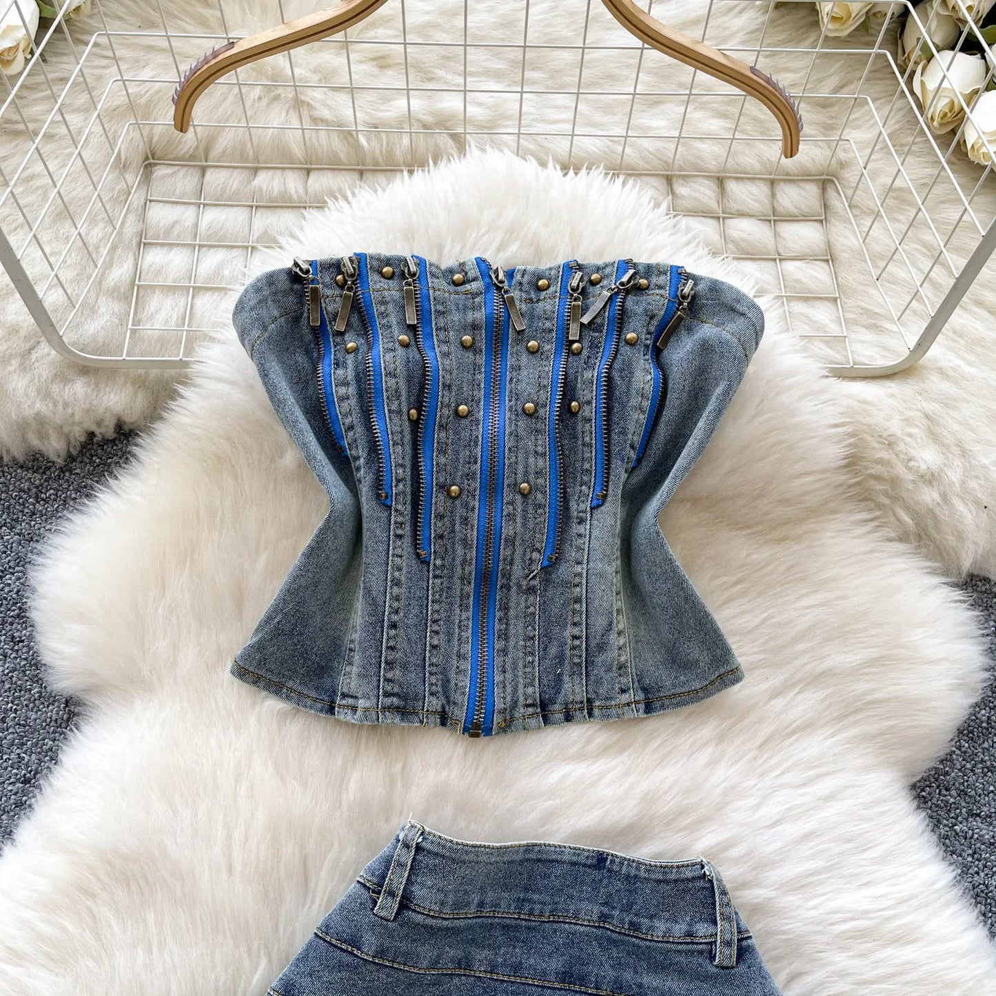 American Spice Girl Denim Suit, Women's Heavy Industrial Rivets Zipper Sleeveless Strapless Top,High-waisted Pleated Denim Skirt