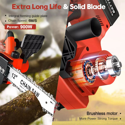 12in Electric Chainsaw Cordless Handheld Brushless Wood Cutter Chainsaw +Battery