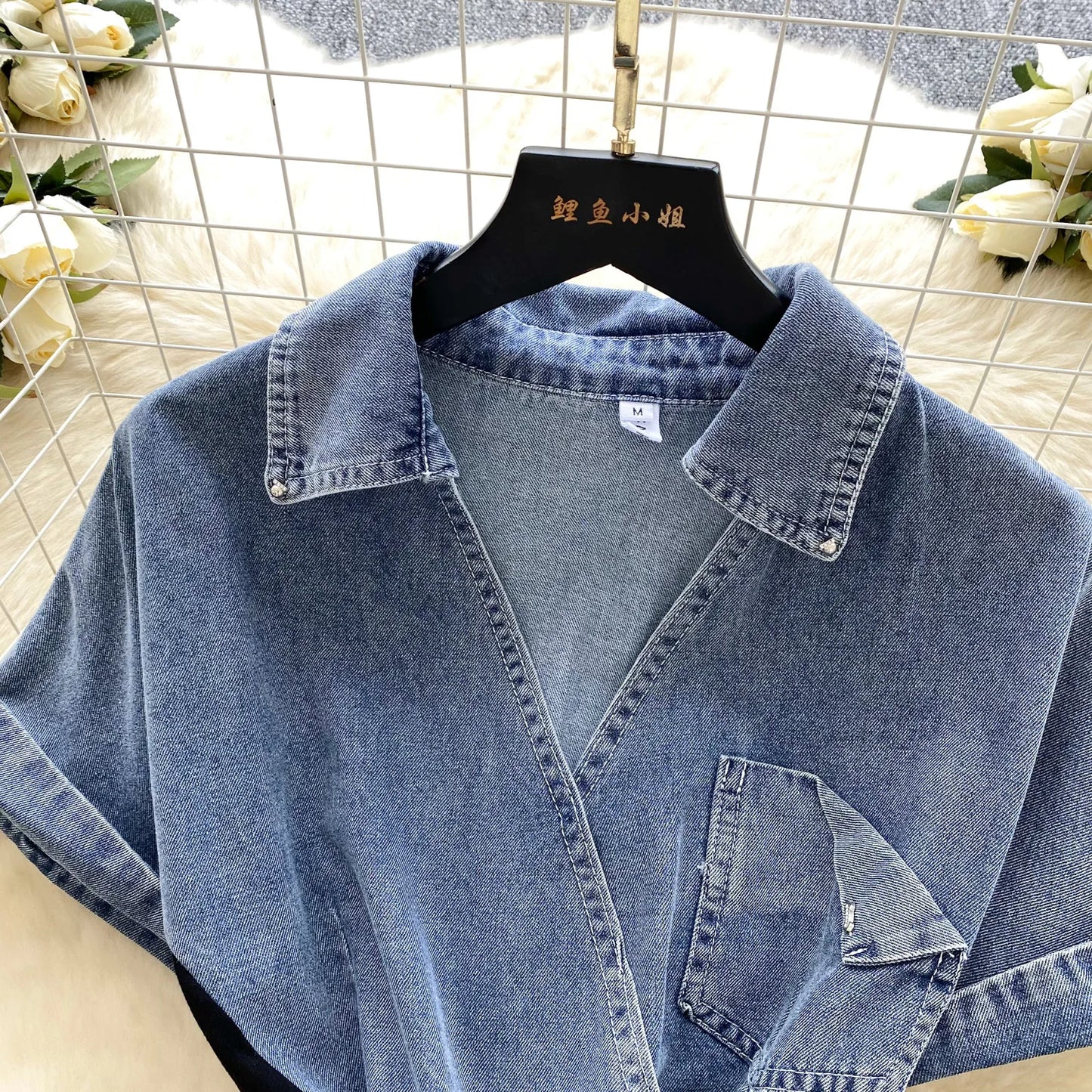 "Light Luxury Style" Design Sense Denim Dress. Women's New Summer Fashion Mesh Yarn Stitching Perfect Temperament Long Dress