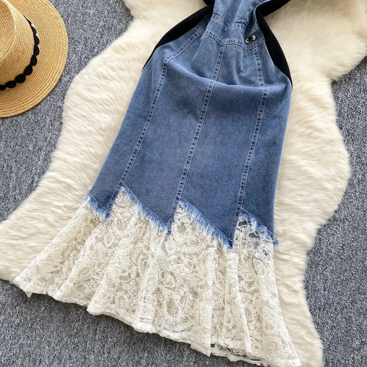 "Light Luxury Style" Design Sense Denim Dress. Women's New Summer Fashion Mesh Yarn Stitching Perfect Temperament Long Dress