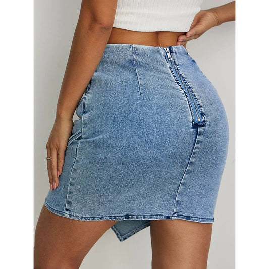Benuynffy High Waist Ruched Asymmetrical Denim Skirt Women's Street Retro Back Zipper Sexy Hip-wrapped Mini Skirts 2025 New