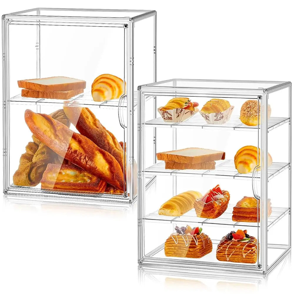 2 Pcs Pastry Display Bakery Display Case Countertop Large Bread Box Kitchen Adjustable Acrylic Bread Storage With Magnetic Door