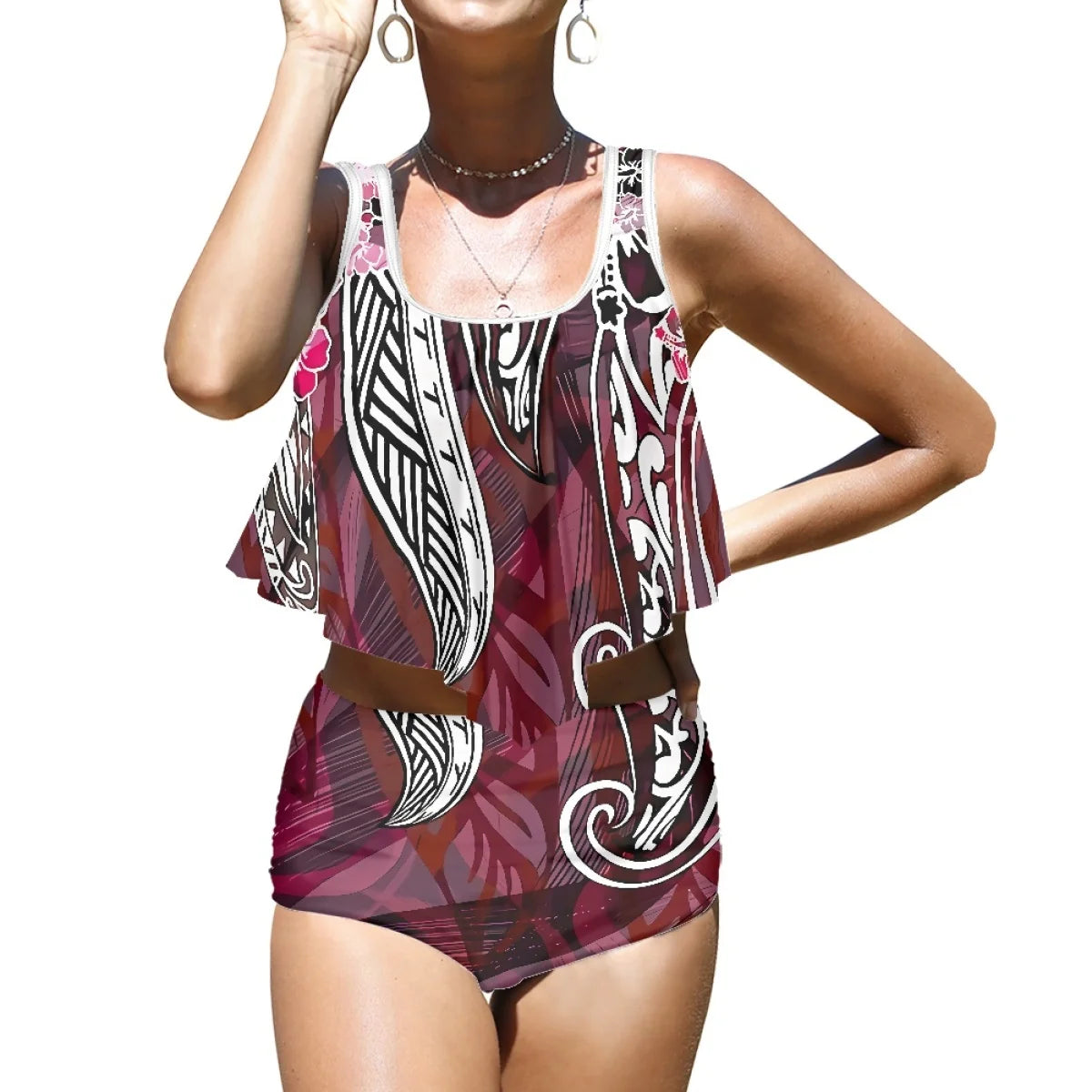 2025 High Quality Hot Style Polynesian beach Plumeria Printed Split Bikini Beach Vacation Swimsuit Printing on Demand