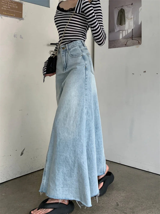 2025 Trend Women's Y2K Jeans Skirt - Light Blue High Waist Denim Maxi Skirt Retro Coquette Street Style 2641