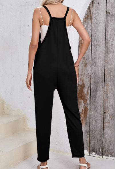 Black Side Pockets Harem Pants Sleeveless V Neck Jumpsuit