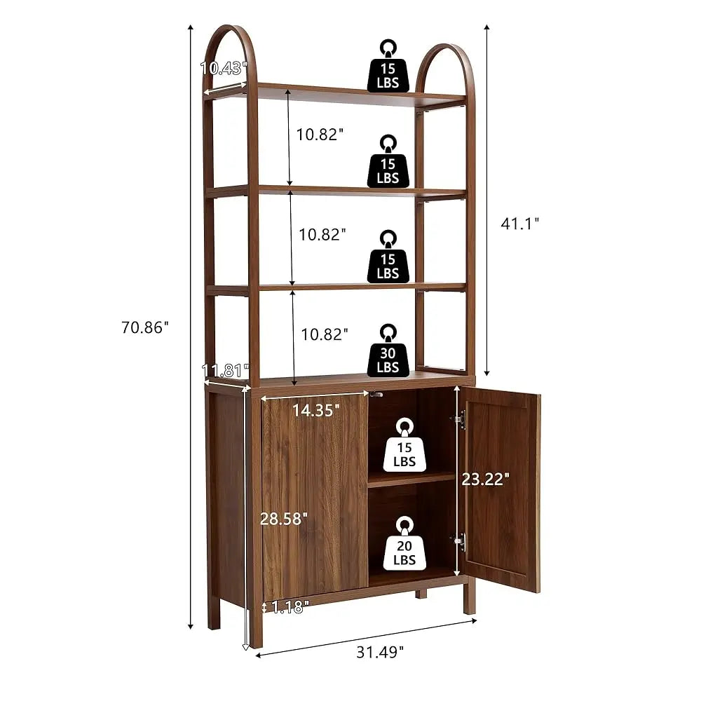 71” Tall Arched Bookshelf Storage With Fluted Doors, Mid Modern 6 Tier Bookshelves, Freestanding Bookcase Cabinet With Open