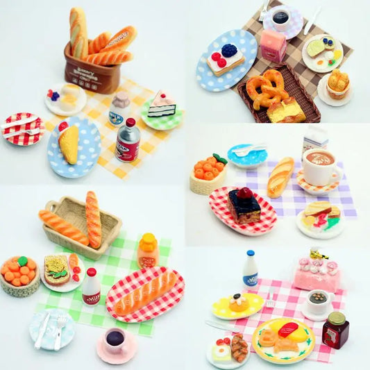 1Set Dollhouse Mini Breakfast Play Dim Sum Bread Jam Plate Model Miniature Kitchen Cooking Baking Model DIY Doll Accessories