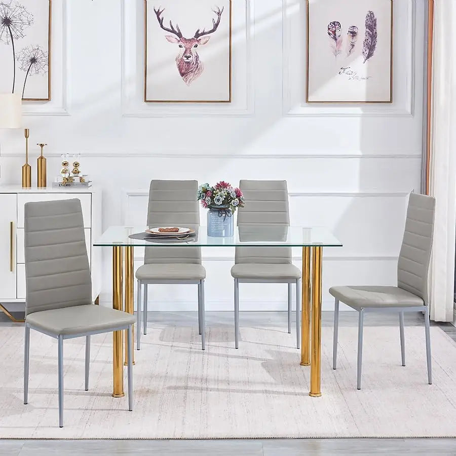 2025 USA Dining Table Set for 4, 5 Piece Kitchen Table and Chairs for Dinette, Apartment, Compact Space-Saving Clear/Gold+Gray