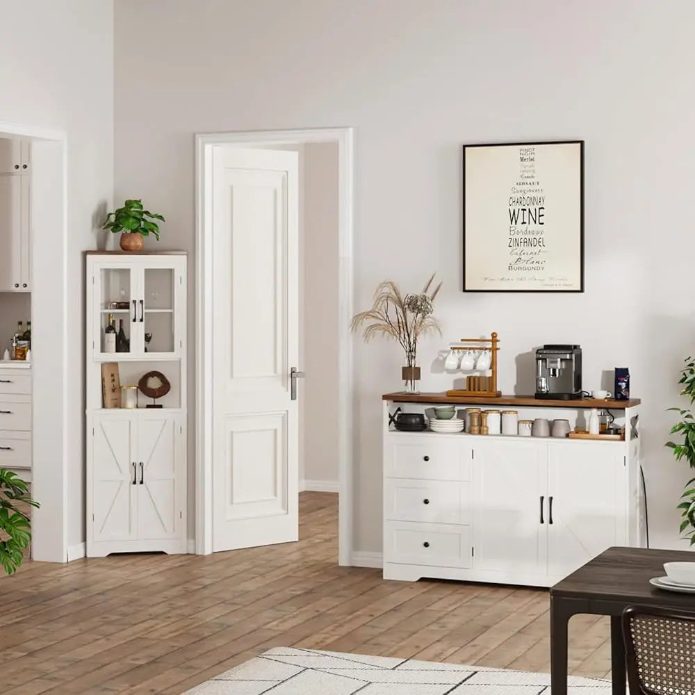 47"" Antique White Storage Cabinet With Doors And Drawers, Farmhouse Sideboard Buffet Cabinet With Storage, Kitchen Pantry