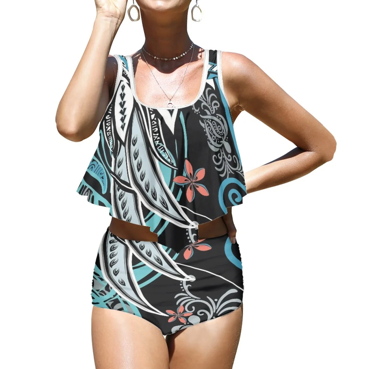 2025 High Quality Hot Style Polynesian beach Plumeria Printed Split Bikini Beach Vacation Swimsuit Printing on Demand
