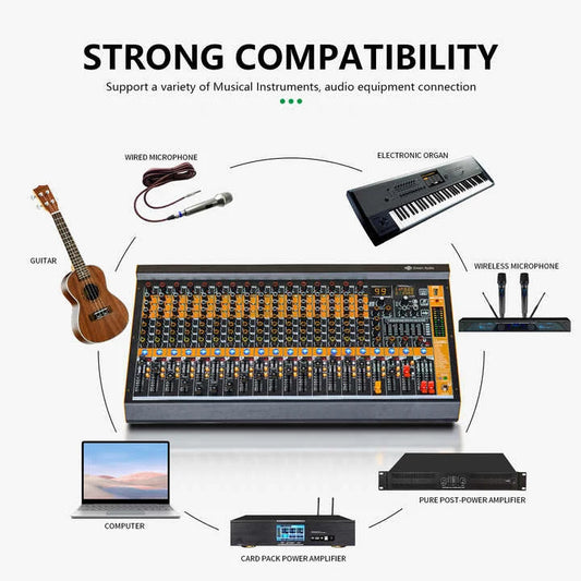 COOYINKA Professional Mixer Dual 12-band Level Display Main Output, MP3 with Digital Display Earphone Display Output