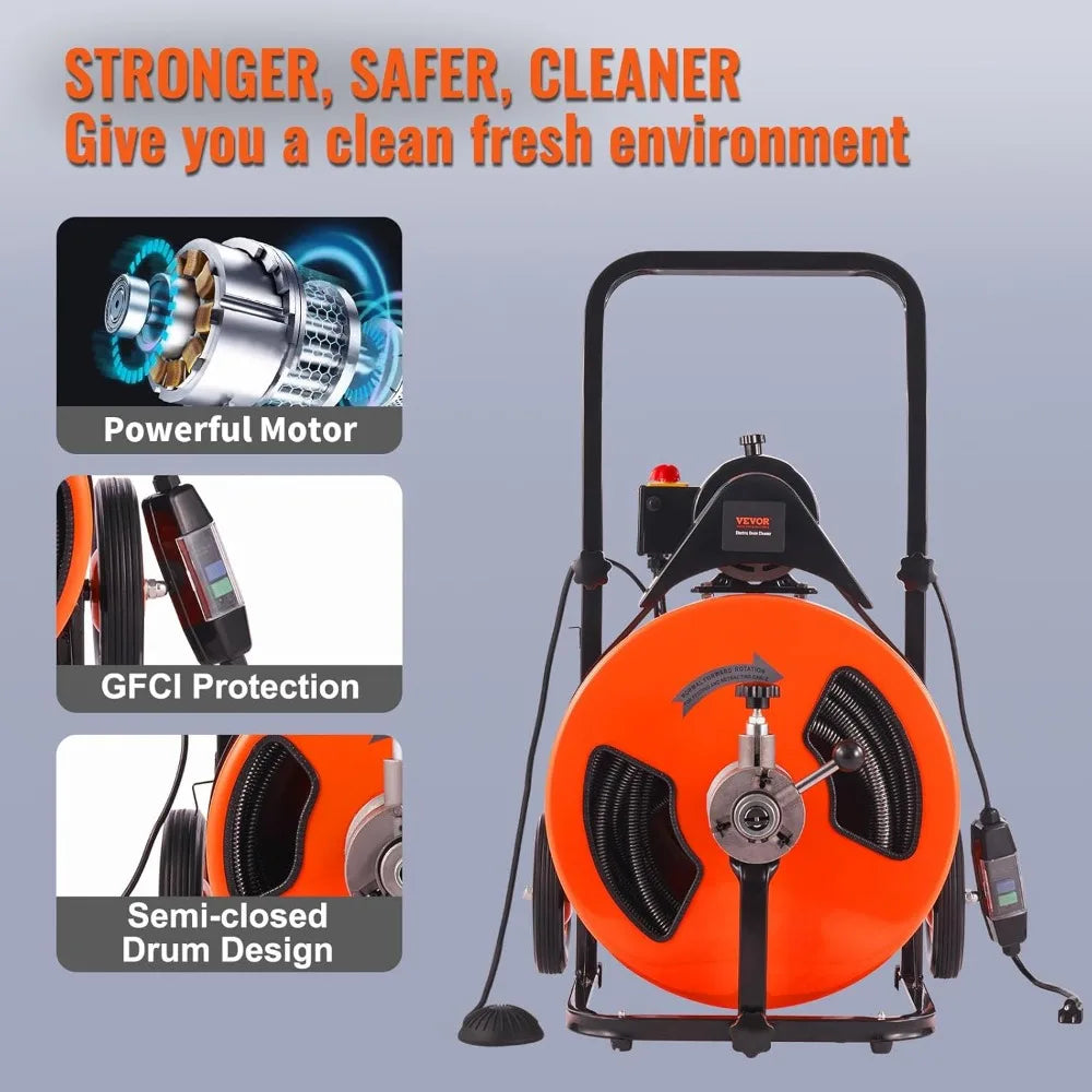 Drain Cleaning Machine 100FT x 3/4 Inch, Sewer Snake Machine Auto Feed, Drain Auger Cleaner with 4 Cutter & Air-Activated