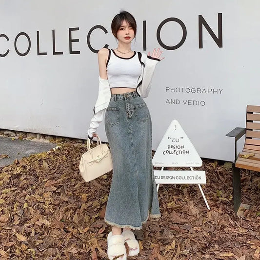 Chic and Elegant Midi With Pocket Woman Denim Skirt Y2k Vintage Streetwear Korean Style Premium Stylish Jeans Skirts for Women