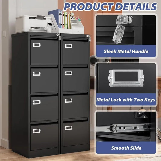 4 Drawer File Cabinet with Lock, Vertical Small Filing Cabinet Steel Lockable Storage Cabinets, 4 Drawer-15"W Black