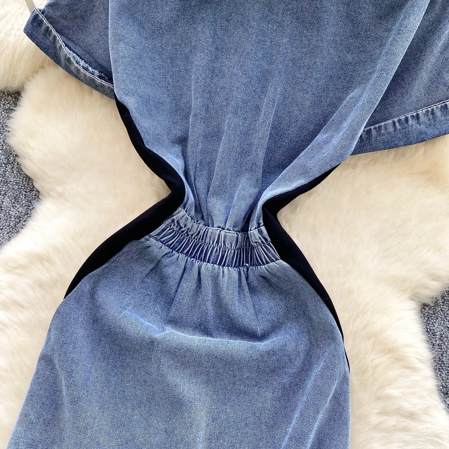 "Light Luxury Style" Design Sense Denim Dress. Women's New Summer Fashion Mesh Yarn Stitching Perfect Temperament Long Dress