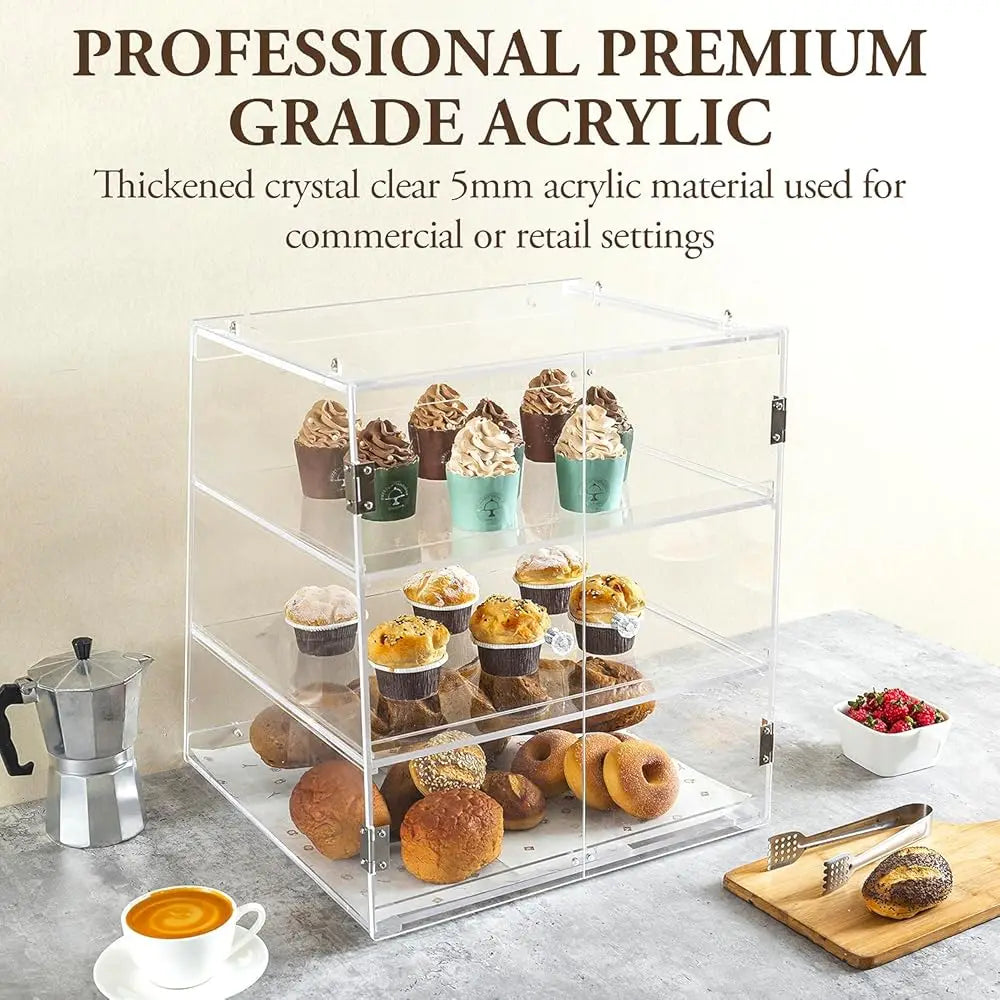 3 Tier Premium Clear Acrylic Bread Box, Professional-Grade Retail Bakery Pastry Display Case With Removable Trays And Magnetic